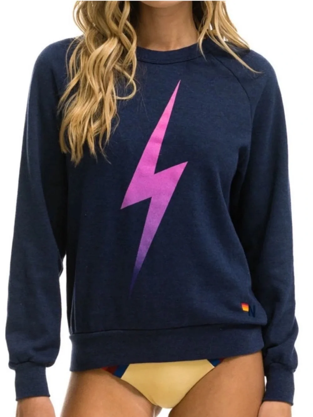 Aviator Nation Navy Sweatshirt with Purple/Pink Lightning Bolt - Picture 1 of 3